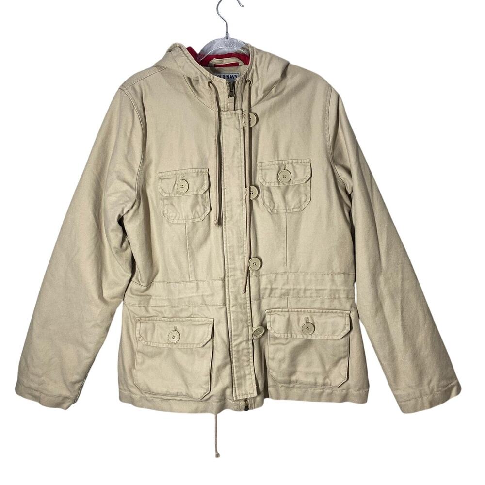 OLD NAVY Tan Red Hooded Utility Parka Drawstring Waist Womens L y2k Gorpcore